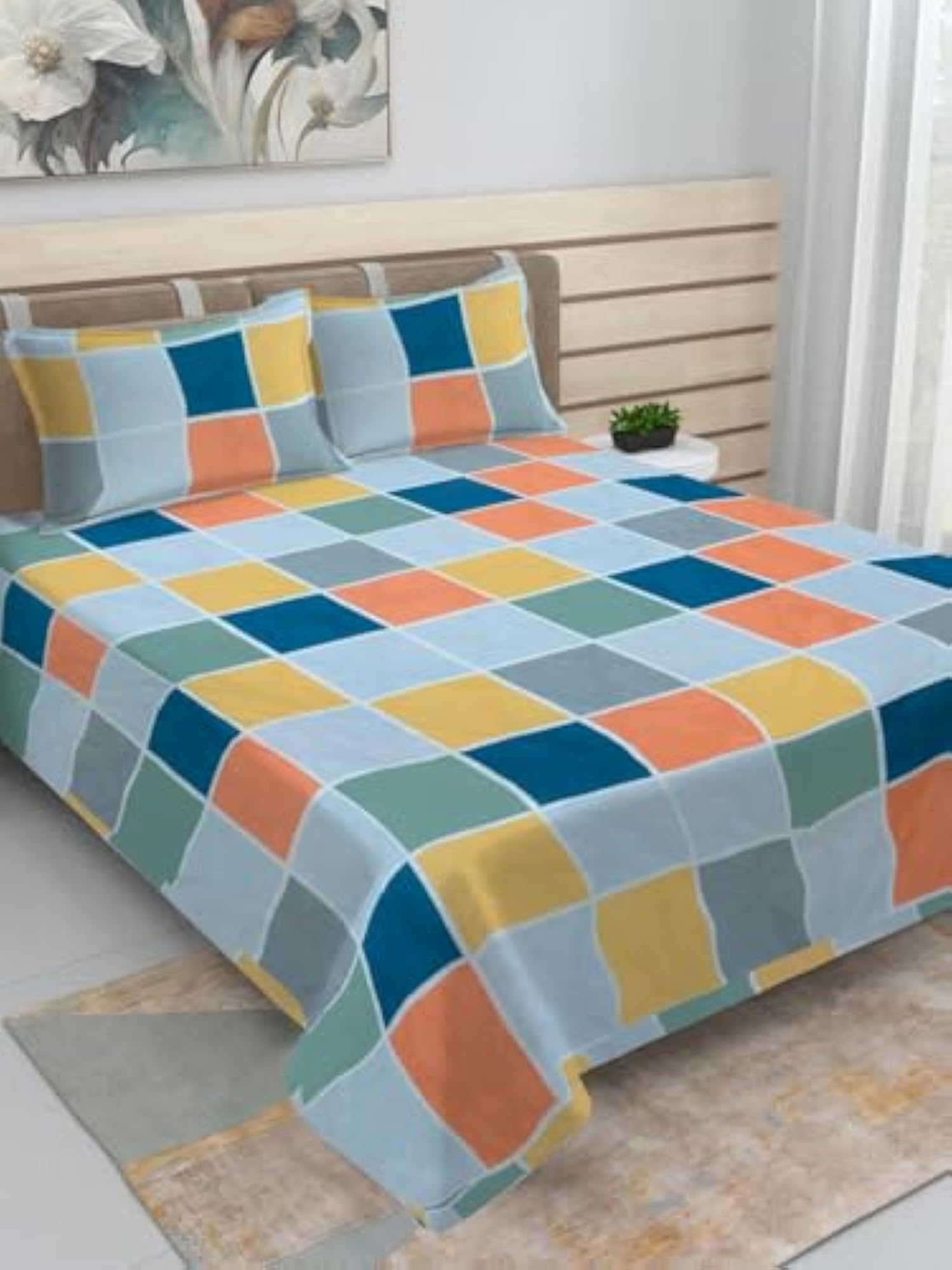 Multicolor Geometric Cotton Blend King Size Bedcover with Pillow Covers