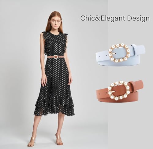 COTIM COYIN Pearl Buckle Skinny Leather Belt for Women, Adjustable Pin Buckle Belt, Fashion Belt with Pearl Buckle3