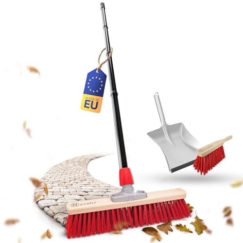 Novaliv Balai de rue avec manche, 40 cm, poils élastons, avec kit de balayage galvanisé composé d'une pelle et d'une balayette à main, idéal comme balai de jardin, de terrasse, de cour, d'écurie,