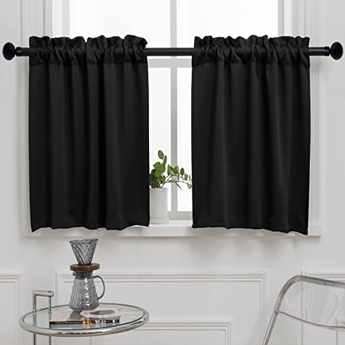 Pickluc Black Cafe Curtain (Half Window Curtain) 36 Inches Length Rod Pocket Small Kitchen Curtain Short Blackout Curtain for Small Window 30 Wide and 36 Long 2 Panels