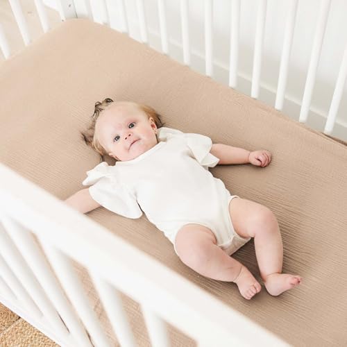 Image of MairMore 2 Pack Muslin Baby Crib Sheets, 52 x 28 in Fitted Bed Sheets | Soft & Durable, 100% Cotton Breathable Elastic Neutral Standard Sheets Set for Toddler, Newborn, Infants, Girls, Boys (Ivory)