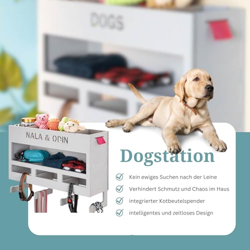 INEXTERIOR – Hundegarderobe XXL personalisierbar mit Ablage & Leinenhalter in Grau - Hundezubehör Dogstation für Hundeleinen, Spielzeug & Leckerlis aus Birkenholz - Mit Kotbeutelspender & Montagekit
