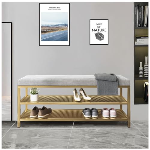 ZHANGshouf Banco Zapatero con cojín - Otomana tapizada para Dormitorio, Sala de Estar y Pasillo - Organizador de Zapatos de 2 Niveles con Estructura de Metal