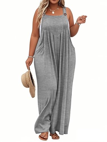 TAKEYAL Plus Size Jumpsuit For Women Wide Leg Casual Summer Rompers Adjustable Loose Fit Plus Overalls With Pockets(Dark Grey 3XL)