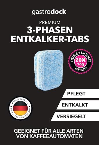 Pastillas descalcificadoras trifásicas para cafeteras automáticas y cafeteras automáticas (20 unidades) fabricadas en Alemania, compatibles con Siemens EQ Series, Jura, Krups, Bosch, Miele, Melitta
