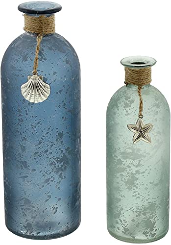 FRANK FLECHTWAREN Deko-Vase Maritim im 2er Set Ø 7 x 20 cm Ø 8 x 26 cm Glasvase satiniert Blau...