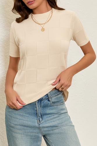 Image of Cakulo Women's Short Sleeve Summer Sweater Knit Tops | Checkered Pattern, Crew Neck, Lightweight Knit, Pullover Sweaters, Business Casual Work Tops Basic Clothes