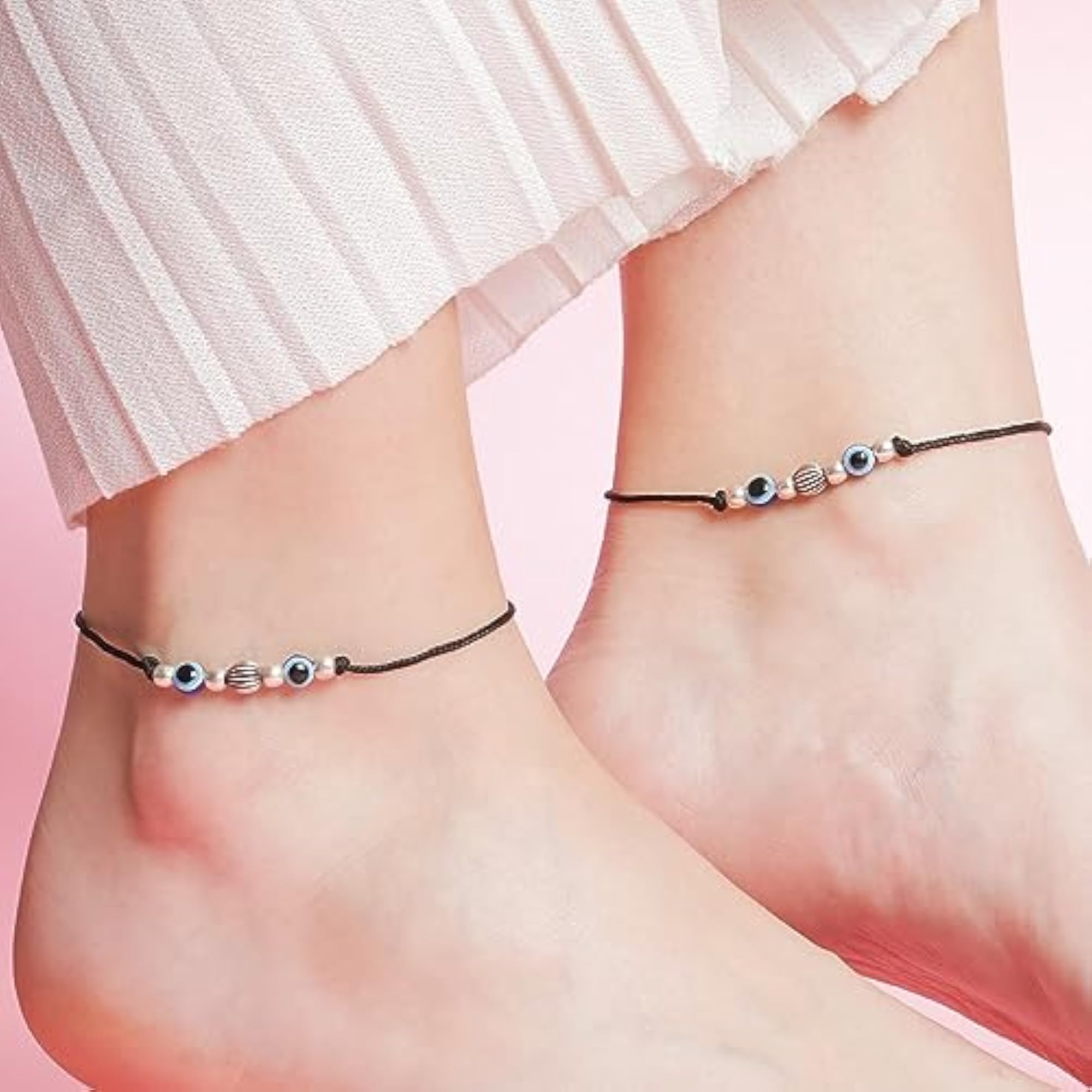 Women's 925 Sterling Silver Beads Evil Eye Rhodium Plated Thread Anklet, Pair