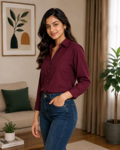 Image of FUNDAY FASHION Women Solid Regular Fit V Collered Casual Shirt