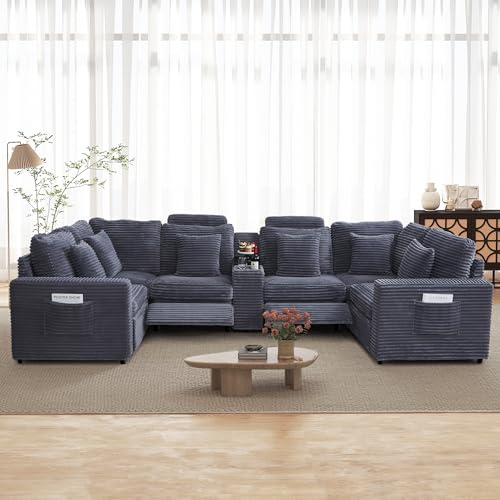 Image of RARZOE Oversized Modular Sectional Sofa with 2 Power Recliner, 6-Seater U-Shaped Corduroy Reclining Couch with Storage Console Charging Cup Holders, Fluffy Comfy Cloud Sofa Couch for Living Room,Grey