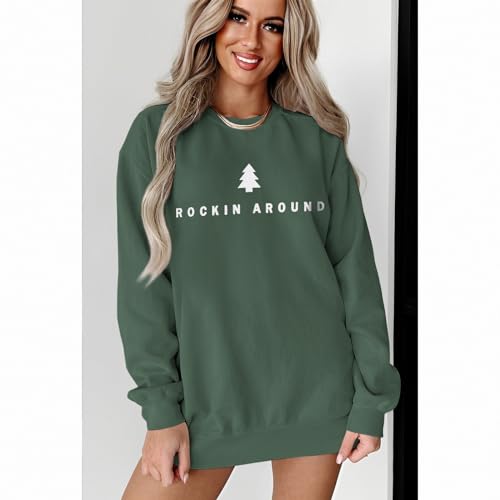 Women Christmas Tree Sweatshirt Rock Around The Xmas Tree Pullover Sweater Crew Neck Long Sleeve Oversized Tops