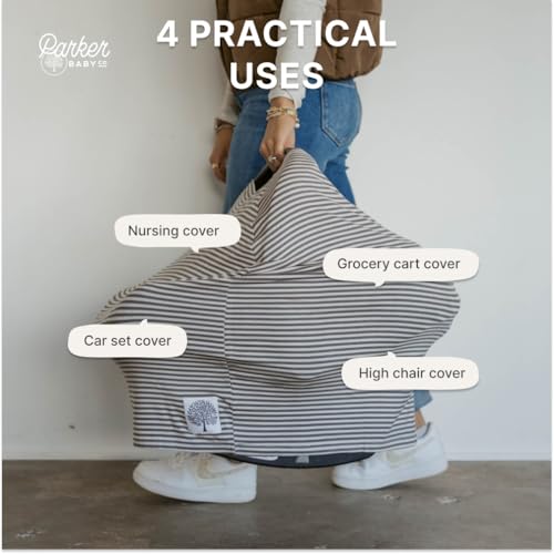 Image of Parker Baby 4 in 1 Car Seat Cover for Girls and Boys - Stretchy Carseat Canopy, Nursing Cover, Grocery Cart Cover, High Chair Cover - inchPewter /Snow Stripes inch