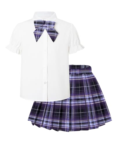 Betusline Kids Girls School Uniform JK Skirt Outfit, White T-Shirt
