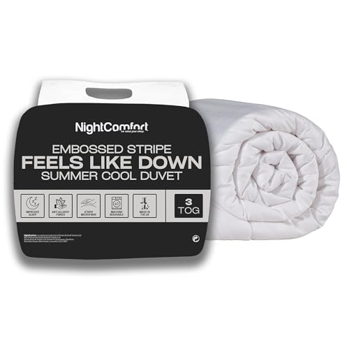 Night Comfort 3 Tog Summer Cool Double Duvet - Hypoallergenic, Anti-Allergy Microfibre Soft Touch Satin Stripe Cover - Feels Like Down Hotel Collection Lightweight Duvet (White, 200cmx200cm)