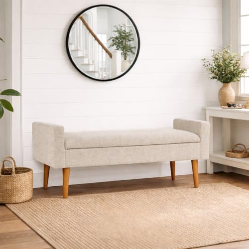 Image of HomePop Fulton 48 inch Storage Bench - Textured Cream Fabric