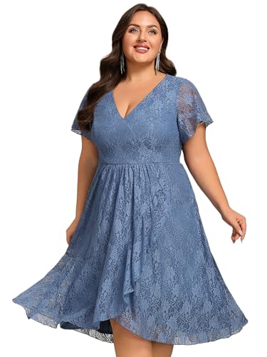 Image of Ever-Pretty Plus Women's Summer V Neck Short Ruffles Sleeves Lace Midi Plus Size Cocktail Party Formal Dresses Dusty Blue US20