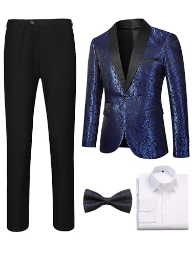 Flap Pocket Patterned Tuxedo for Men 4 Pieces Regular Fit Suit Wedding Prom Party Dinner Jacket Pants Shirt Bow Tie Set