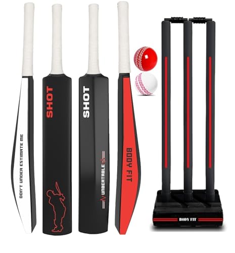 Image of Bodyfit Shot Premium Cricket Bat | Lightweight| Full Size| | Hard Plastic Bat| Premium Cricket Wicket Set l 3 Stumps+2 Bails+1 Stand Set, 2 Balls F Red Shot WG.