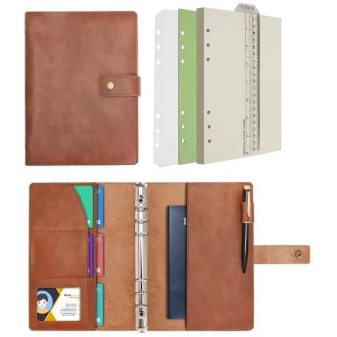 Wonderpool Leather Journal Refillable Notebook Spiral Diary Binder Portfolio - A5 Dot Grid Paper & Inner Pockets for Travel Work and Personal Organizer (Coffee, A5) Cover