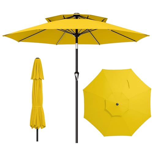 Image of AreShark 9ft 2 Tiers Patio Umbrella - Outdoor Umbrella Waterproof UV Protection, Market Table Umbrella w /Push Button Tilt&Crank for Pool, Porch, Garden(Yellow)