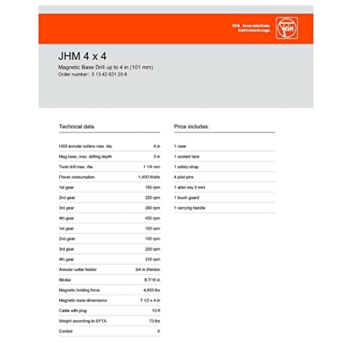 Fein Portable Corded Magnetic Base Drill Tool With Four-Speed - 3" Maximum Drilling Depth, 1,400 W, 150 Rpm, Jhm 4 X 4 - 31342621206 #TOP3