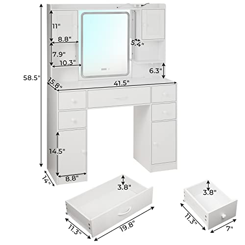 Tiptiper Vanity Desk With Mirror And Lights, Large Makeup Vanity With Lights & Charging Station, Dressing Table With 5 Drawers, 4 Cabinets & Time Display, White #TOP5