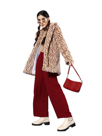 poshbery Pink-Beige Animal Print Faux Fur Trench Coat with Pocket Detail.-picture-34