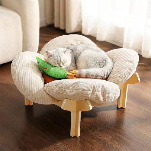Lassume Elevated Flower Cat Bed with Thickened Soft Cushions Aesthetic Raised Cat Chair for Indoor Cats Wooden Cats Furniture with Toy 39lbs Capacity (Beige Petal & Orange Center)