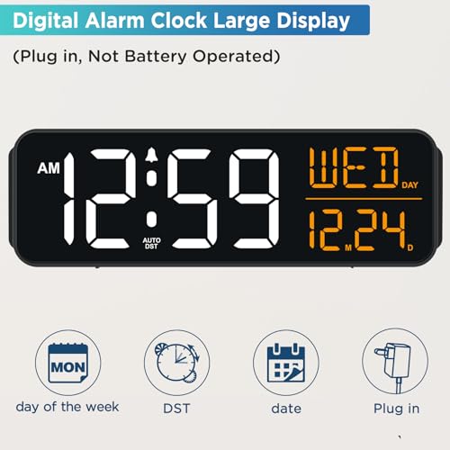 Image of Peakeep Large Display Digital Alarm Clock for Bedroom with Date Day of Week | Calendar Desk Table Clocks for Living Room Office, Dimmable Plug in Electric Clock Battery Backup, 5 Volumes, Loud, Auto DST