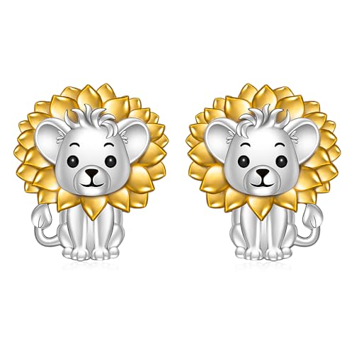 Lion Earrings for Women 925 Sterling Silver Lion Studs with Sunflower Design Lion Earrings Gifts for Animal Lovers, Birthdays, and Everyday Wear - Main Image