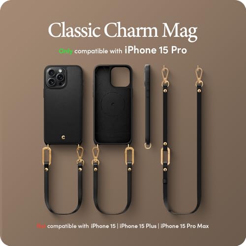 Image of Spigen Cyrill Classic Charm Mag | iPhone 15 Pro Case | Crossbody Lanyard Strap iPhone 15 Pro Back Cover | Faux Leather+TPU+PC - Black
