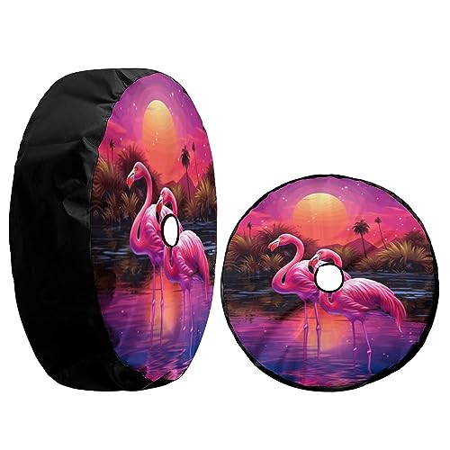 Image of Pink Flamingo Spare Tire Cover with Backup Camera Hole Wheel Tire Cover Fit Trailer, RV, SUV and Many Vehicle 14inch