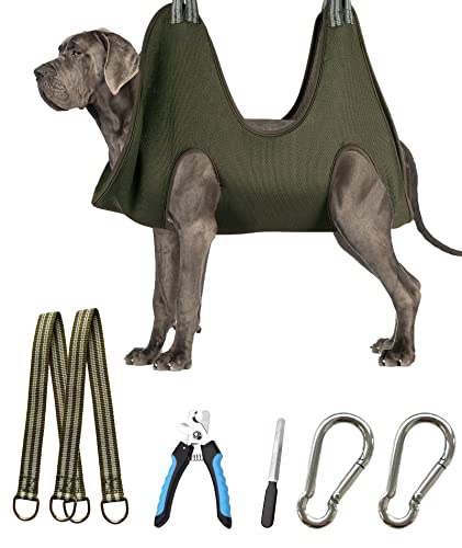 Image of Kkiimatt 10 in 1 Pet Dog Grooming Hammock Harness with Nail Clipper,Dog Hammock for Nail Trim,Grooming Sling Holder Hanger Restraint for Claw Care (XXL+ / 100LB Max, Khaki Green)