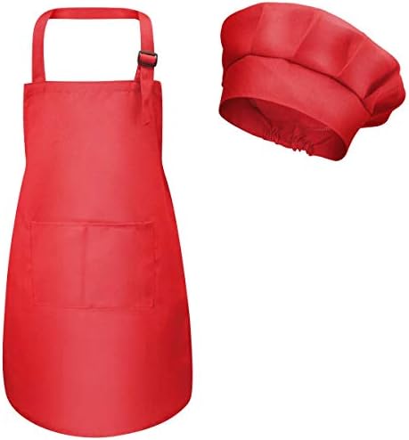 Kids Apron and Chef Hat Set, Adjustable Children Chefs Apron with Pockets for Boys Girls, Toddler Kitchen Garden Bib Aprons for Cooking Baking Painting Crafting Wear (M for 3-6 Age) (White)