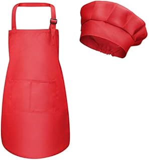 Kids Apron and Chef Hat Set, Adjustable Children Chefs Apron with Pockets for Boys Girls, Toddler Kitchen Garden Bib Aprons for Cooking Baking Painting Crafting Wear (M for 3-6 Age) (White)