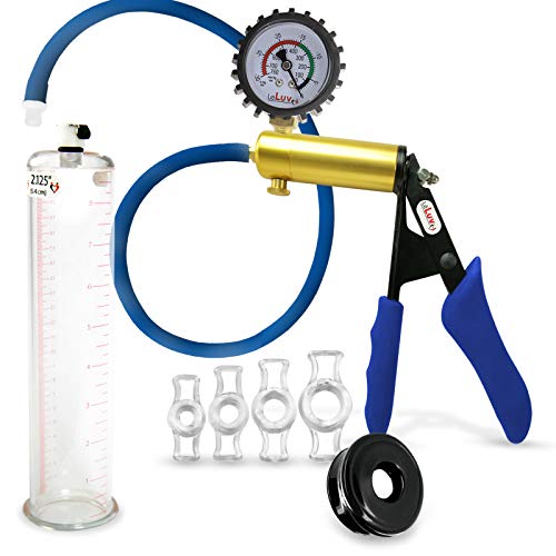 LeLuv Ultima Penis Pump - Brass Handle, Premium Blue Silicone Grips and Hose + Protected Gauge - Bundle with 4 Constriction Rings - 9" x 2.125" Round-Flange Cylinder