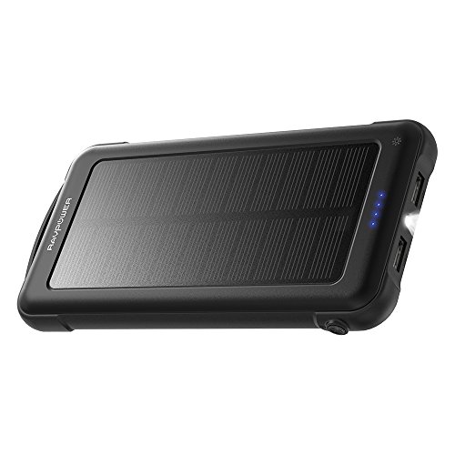 RAVPower Solar Charger 10000mAh Power Bank with LED Flashlight Shockproof Portable Battery Pack with iSmart 2.0 and Dual Input for XS/XS MAX/XR, Galaxy S9/S8 and More Mobile Phones