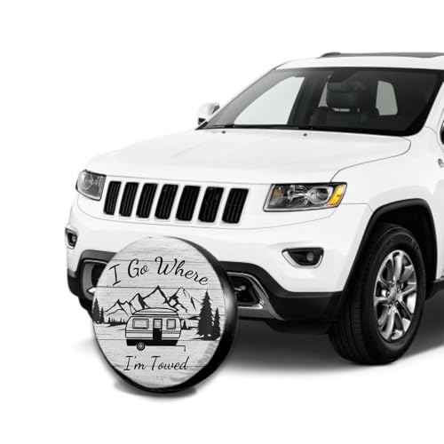 Image of I Go Where I'm Towed Spare Tire Cover Waterproof Dust-Proof Universal 17 Inch Wheel Protectors Camper Spare Tire Cover Fit for RV Trailer Truck Jeep SUV Rav4 Motorhome Travel Trailer Accessories