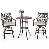 PHI VILLA Patio Furniture Set, Brown 3Pcs Cast Aluminum High Top Table and Swivel Bar Stools with Cushion, Pub Bistro Set for Outdoor