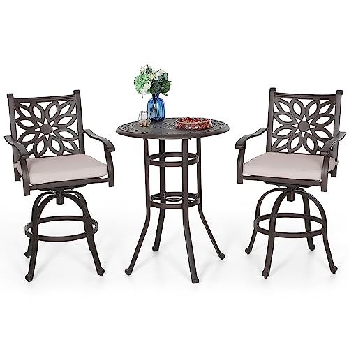 PHI VILLA Patio Furniture Set, Brown 3Pcs Cast Aluminum High Top Table and Swivel Bar Stools with Cushion, Pub Bistro Set for Outdoor