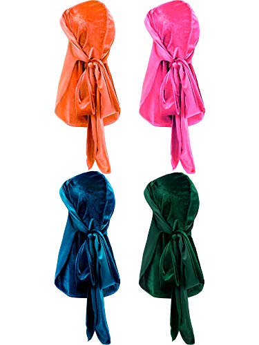 Tatuo 4 Pieces Men s Velvet Durag with Long Tail Soft Durag Headwraps for 360 Waves (Black, Green, Red, Royal Blue) (Orange, Rose red, Hole Blue, Green)