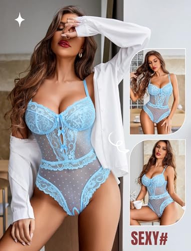 Image of Avidlove Women Sexy Lingerie Sheer Lace Bodysuit V Neck Teddy Lingerie One Piece Mini Babydoll