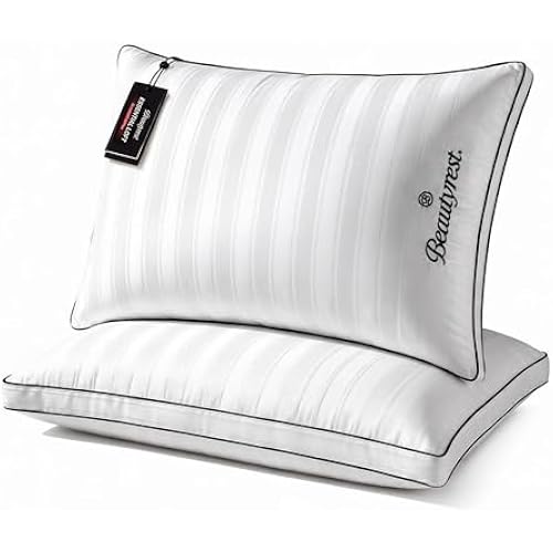 Beautyrest Hotel Collection Luxury Queen Pillows Set of 2 | Premium 500 Thread Count Damask Stripe Embroidered Cotton Cover, Gusseted Soft Medium Down Alternative