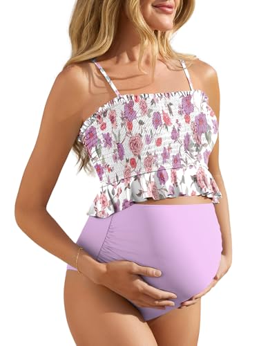Image of Summer Mae Maternity High Waist Swimsuit Ruffle Hem Bikini Bathing Suit Shirred Bandeau Two Piece Pregnancy Swimwear
