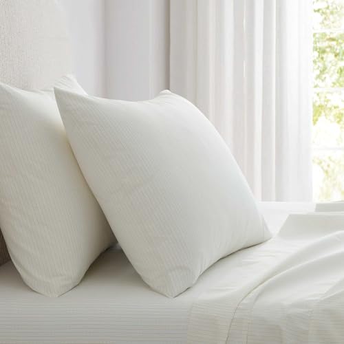 Image of Martha Stewart - Queen Size Sheet Set, Crisp & Tailored Bedding with a Smooth Cotton Percale Feel, Deep Pocket, Bed Sheets with Matching Pillowcases & Fitted Sheet (Dotted Stripe Yellow)