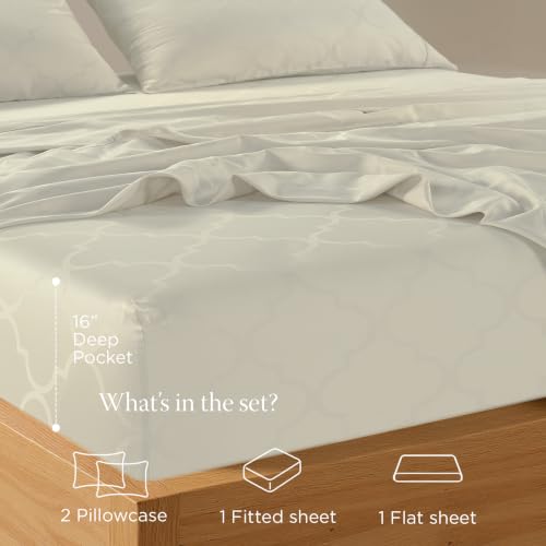 Image of Threadmill 300 Thread Count Cotton Full Sheet Set, Sateen, Jacquard, Ivory