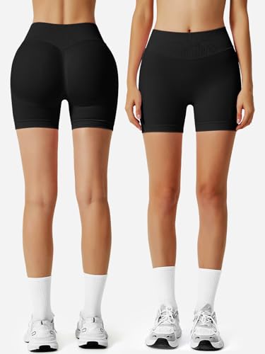 High Waist Workout Impact Shorts for Woman, 4.5" Scrunch Butt Lifting Seamless Tummy Control Biker Gym Yoga Shorts-Black-L — view 5