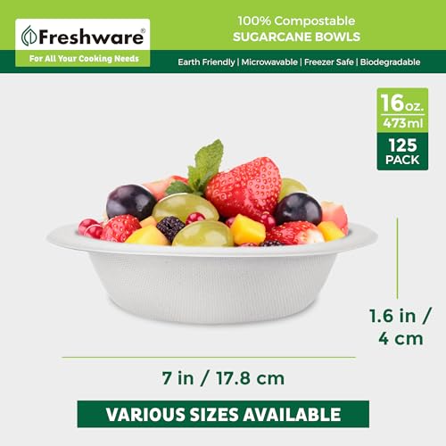 Image of Freshware Paper Bowls - Disposable 16 oz. Soup Bowl, 125-Pack Biodegradable Sugarcane Fiber Serving Bowls - Heavy Duty Bagasse for Hot Food Plates - Microwave & Freezer Safe, Stackable Dinnerware
