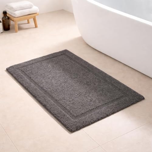 Image of Premium Combed Cotton Tufted Bathmat 45 x 65 cm, 1800 GSM Soft Absorbent Anti Skid Bathroom Floor Mat with Latex Backing, Quick Dry Non Slip Bath Rug for Shower & Daily Use, Race Track Grey