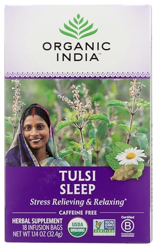 Image of ORGANIC INDIA Tulsi Sleep Herbal Tea - Holy Basil, Ashwagandha, Chamomile, Night Time Tea for Bedtime, Stress Relieving & Relaxing, Immune Support, USDA Certified Organic - 18 Infusion Bags, 1 Pack